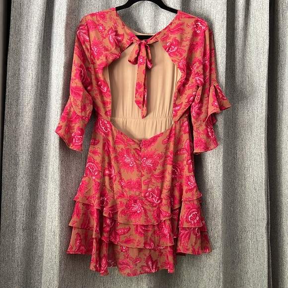 Flirty Floral Ruffle Dress in Pink and Tan - Picture 2 of 9